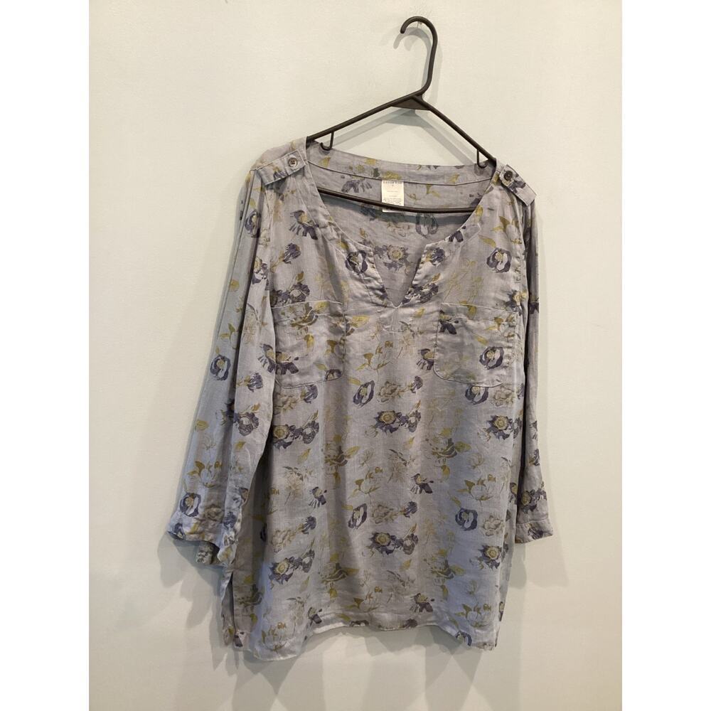 Lands’ End‎ Womens Linen Popover Shirt Plus Size 16 Blue Floral Cottage Coastal